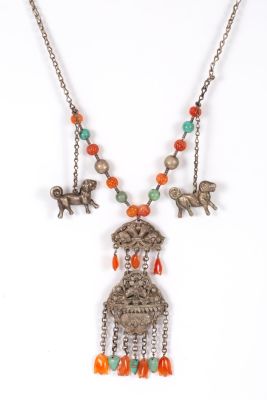 Chinese silver necklace with coral and turquoise beads, 
and a large pendant. Qing Dynasty 