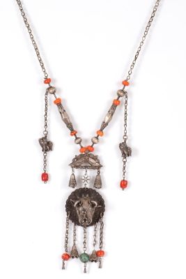 Chinese silver necklace w/ pendant red coral & turquoise Qing Dynasty (1644-1911). Chinese long 