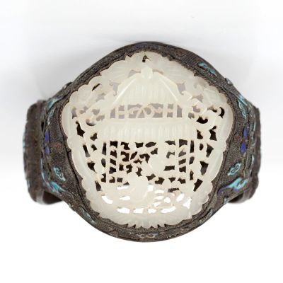 Old Chinese Silver Bracelet with Enamel and Large Jade. A silver bracelet in the center of which 