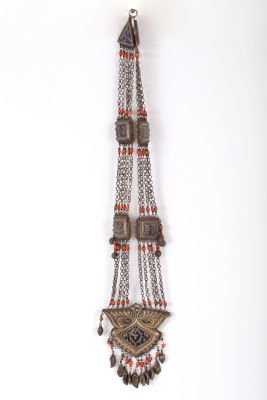19th-century Uzbek necklace, Silver and Gems. The necklace consists of five rows of beads with 