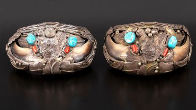 Native American Navajo silver bracelets with gemstones and bear claws - signed. Pair of 
