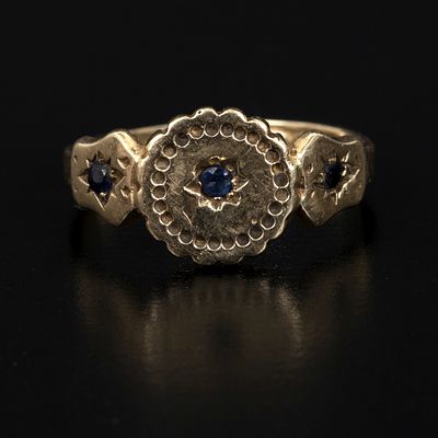 Antique 14K Yellow Gold and Sapphire Ring. a lovely design, containing three round mixed cut 