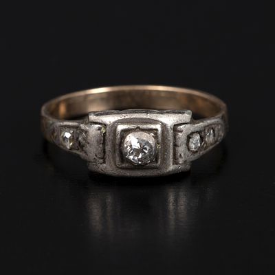 Antique 14K Gold, Silver and Diamond Ring. sterling silver top, with yellow gold ring shank 
