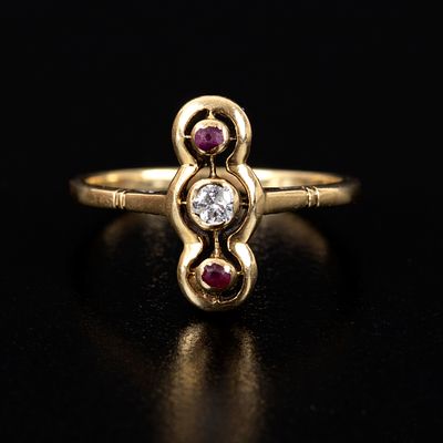 Vintage 14K Yellow Gold, Ruby and Diamond Ring. possible to be worn as a stacking ring 
