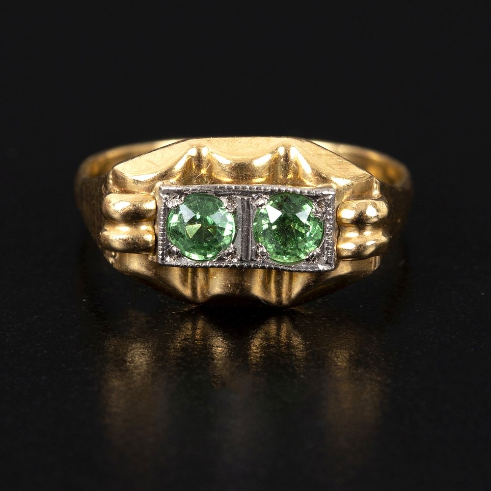 Antique 18K Gold and Demantoid Garnet Ring. containing two round brilliant cut Russian demantoid 