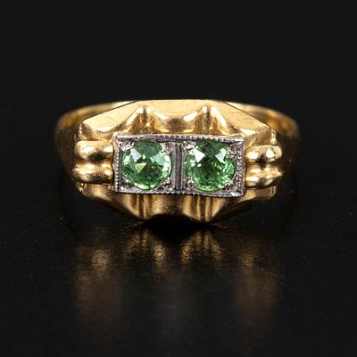 Antique 18K Gold and Demantoid Garnet Ring. containing two round brilliant cut Russian demantoid 