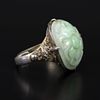 Vintage Chinese Silver and Jaddeite Jade Ring. an adjustable size ring containing one carved Image - 1