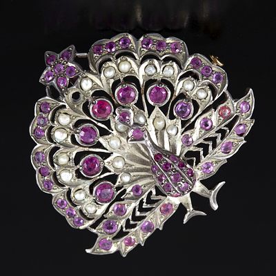 Ottoman Style Silver & Gemstone Peacock Brooch. Lovely brooch in the Ottoman style made of 