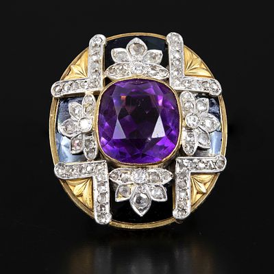 Victorian 18K Gold, Amethyst and Diamond Ring. an exquisite antique ring with hand carved floral 