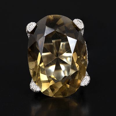 Designer 18K Gold, Quartz, 4 Carat Diamond Ring. an impressive Belgian custom made 18K white 
