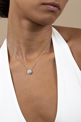 Italian 14K White Gold, 1.05 Carat Diamond Necklace. halo style slide pendant, suspended from a 