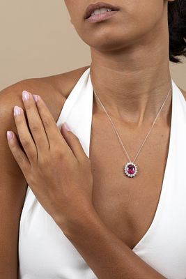 14K White Gold, Rubellite and Diamond Necklace. a lovely halo style slide pendant suspended from 