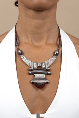 Designer Hermes Bijoux Touareg, Sterling Silver Necklace. a unique hand carved and worked silver 