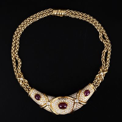 Exquisite Designer 18K, Ruby and Diamond Necklace. this one of a kind piece is crafted in the 