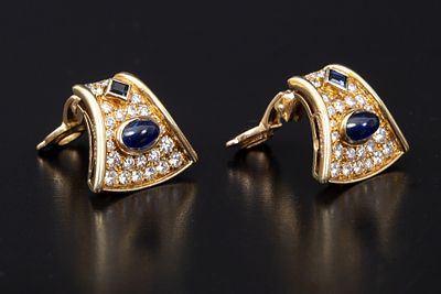 18K Gold, Sapphire and Diamond Earrings. containing four oval cabochon cut and square step cut 