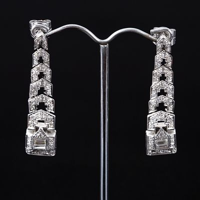 Art Deco 18K White Gold and Diamond Earrings. lovely antique earrings with hand-carved details 