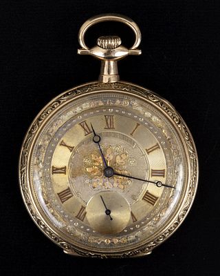 14K gold pocket watch with hand-engraved decorations. 14K gold pocket watch (stamped) from 