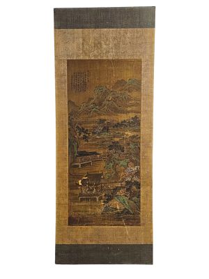 An old hand-painted Chinese scroll. An impressive painting full of details depicting a landscape 