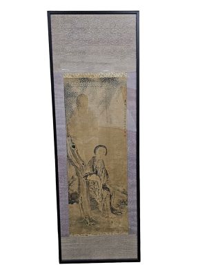 "Mrs. Kepin in the garden" ancient Chinese scroll painting. A painting depicting a woman in a 