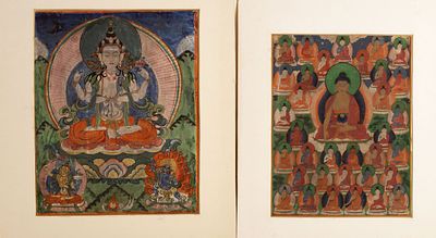 Pair of Old Tibetan Thangkas Painted On Silk. Two old Tibetan Thangkas made in artisanal 