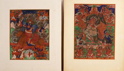 Pair of Old Tibetan Thangkas Depicting The Gatekeeper Demon - Qing Dynasty (1644-1911). Pair of 