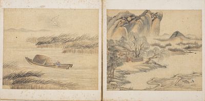 two old chinese paintings on silk. Landscape paintings depicting a village on the shore of a 