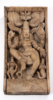 oldIndian wood carving in the form of Hindu dancing Lord Shiva. A large massive work full of 