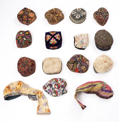 Lot of old Bukhari yarmulkas. An impressive cluster of 15 yarmulkas , decorated with embroidery 