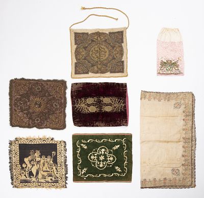 Lot of old Ottoman textile items. Includes embroidery and small tablecloths combined with silver 