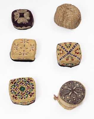 A beautiful lot of Bukhari yarlmukas embroidered with silver and gold threads. 6 items combined 
