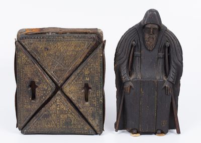 A pair of ancient Russian wooden icons. 1. Hand-painted hanging icon, covered in a unique way 