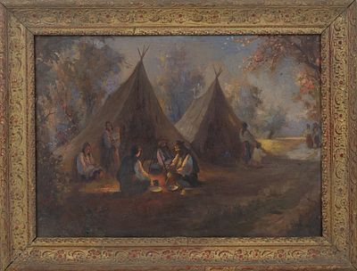 antique 19th century painting. A painting depicting native American families sitting next to 