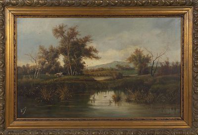 "Landscape Scene" a large antique European painting. The painting depicts a shepherd on the bank 
