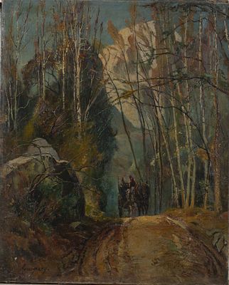 Old European painting "Wagon in the Forest". An old oil painting showing a cart drawn by a horse 
