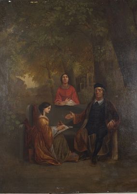 An old painting depicting a scene of nobles in the forest. Europe the beginning of the 19th century