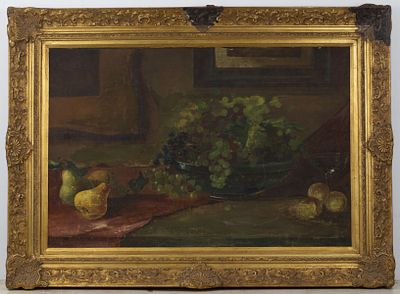 Still life - old painting, unknown artist. A large painting depicting a scene with grapes. Oil 