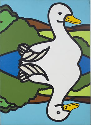 Kip Frace (USA b. 1970) "Duck". Popart style painting depicting a duck with reflection, signed 