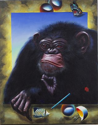 Ferjo (b. 1946 - Brazil) "Chimpanzee". A large painting depicting a chimpanzee in the center. On 