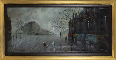 Cityscape, signed lenoir. A large image depicting a European city street Signed and framed, oil 