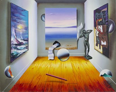 Ferjo (b. 1946 - Brazil) "Lake View". A painting depicting a museum room where the central image 