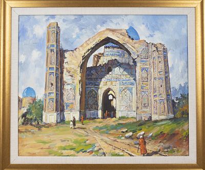 Russian school painting, signed Primov, "Samarkand". A painting depicting a historical building 