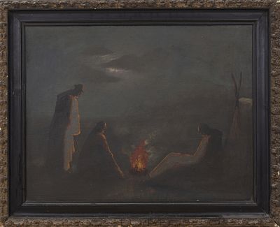 Old European painting "Scene Song Fire" color on wooden board. A painting depicting three men 