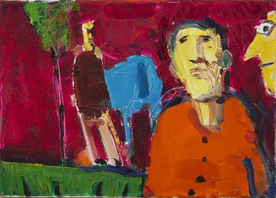 Leo Ray (leo ray b. 1950) People in the park. A colorful scene depicting figures on grass with a 