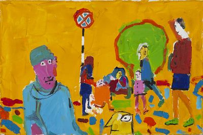 Leo Ray (leo ray b. 1950) street scene. A painting depicting people in the street on a yellow 