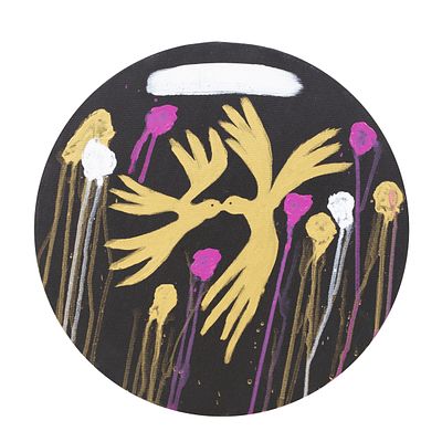 Menashe Kadishman (1932-2015) - A pair of doves in gold. A painting in a round format depicting 