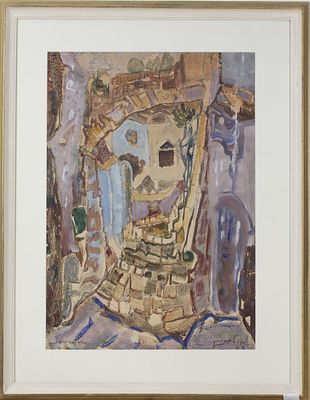 Mordechai Lebanon (1901-1968) an alley in the old city. A large painting depicting a typical 