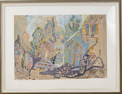 Mordechai Lebanon (1901-1968) an alley in the old city. A large painting depicting a typical 