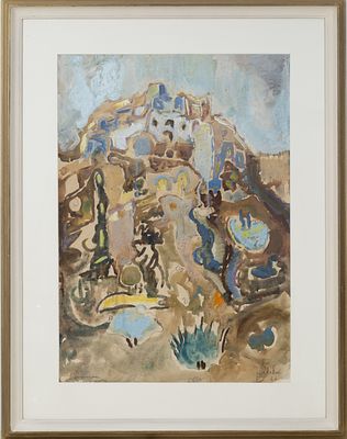 Mordechai Lebanon (1901-1968) A city on a hill. A large painting depicting an ancient city on 