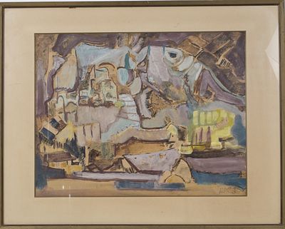 Mordechai Lebanon (1901-1968) A city on the side of a mountain. A large painting depicting the 
