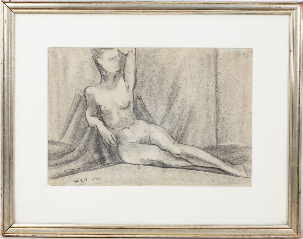 Siona Tagger 1900-1988- nude. Charcoal drawing depicting a female nude in a sitting position 
